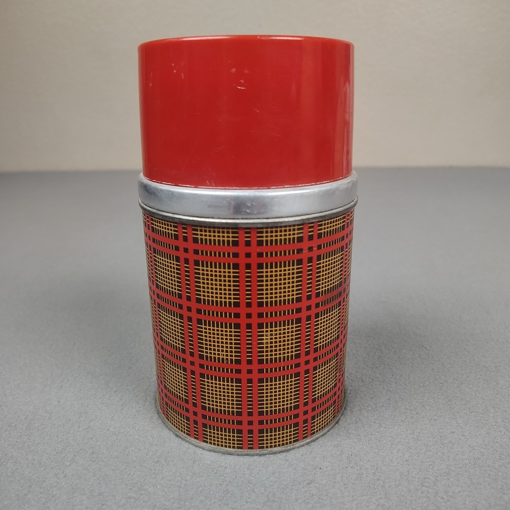 Vintage 60s Aladdin Metal Thermos Red Yellow Plaid Pint Wide Mouth Best Buy GUC